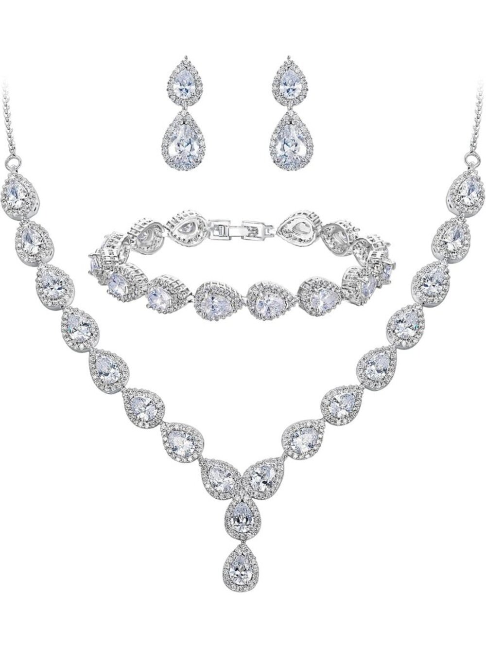 Elegant CZ Wedding Jewelry Set: Necklace, Bracelet & Earrings for Women